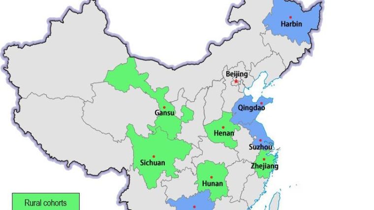 Map of China showing the 10 survey sites (5 urban and 5 rural)