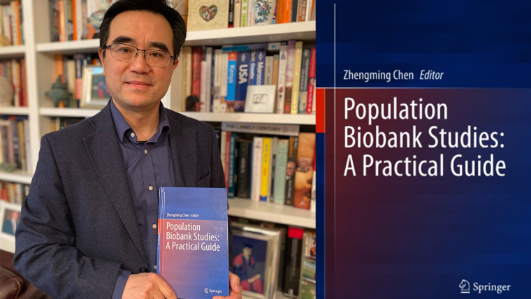 Zhengming Chen holding a copy of his book 'Population Biobank Studies: a practical guide'